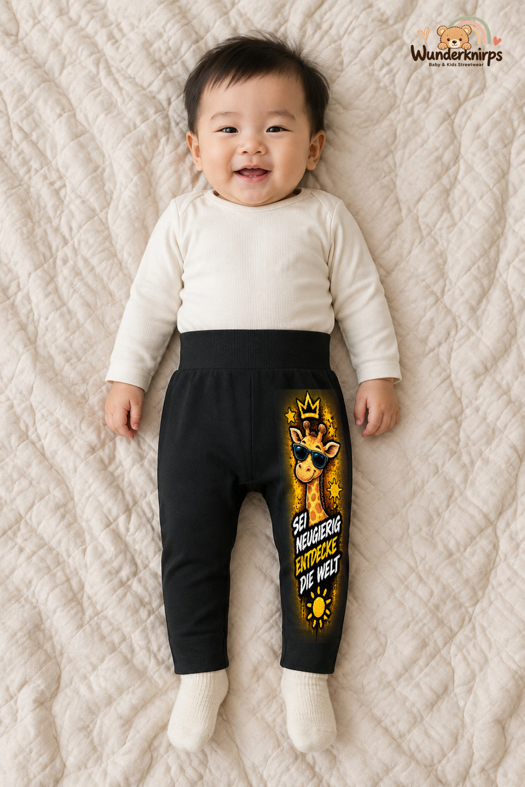 Sei neugierig entdecke die welt – Babyhose mit dem Motiv Giraffe – für Jungen: Schwarz mit Giraffe-Druck am Hosenbein – Wunderknirps.