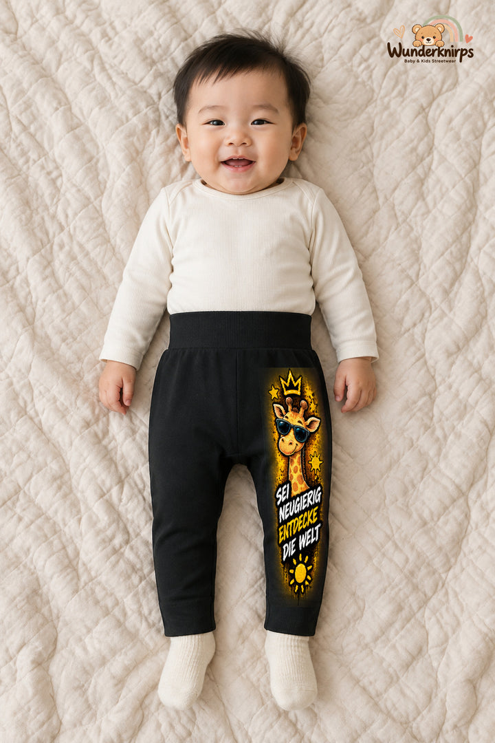 Sei neugierig entdecke die welt – Babyhose mit dem Motiv Giraffe – für Jungen: Schwarz mit Giraffe-Druck am Hosenbein – Wunderknirps.