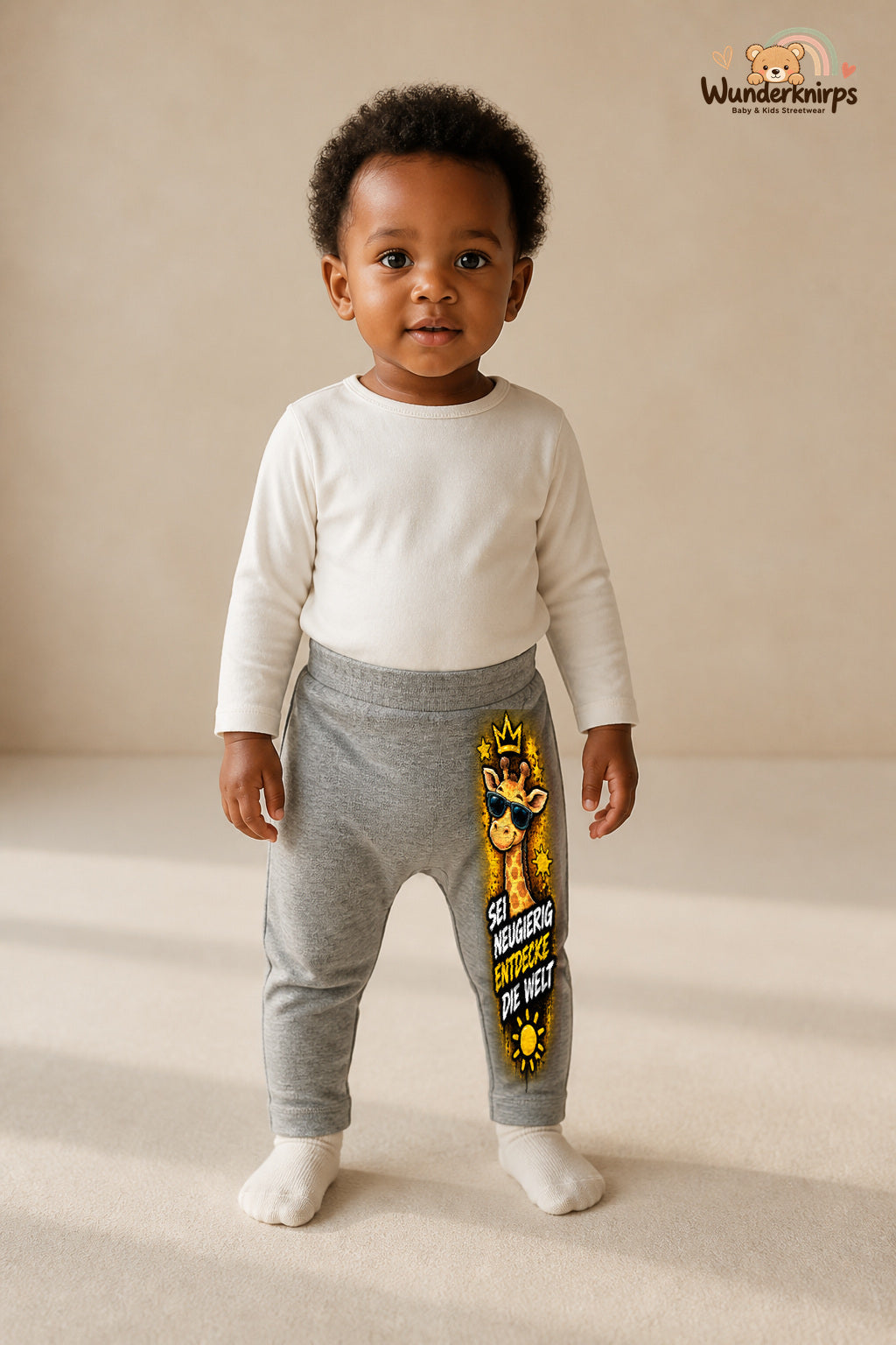 Giraffe Lieblingslook – Sei neugierig entdecke die welt – Babyhose für Mädchen: Grau meliert mit Giraffe-Druck am Hosenbein – Wunderknirps.