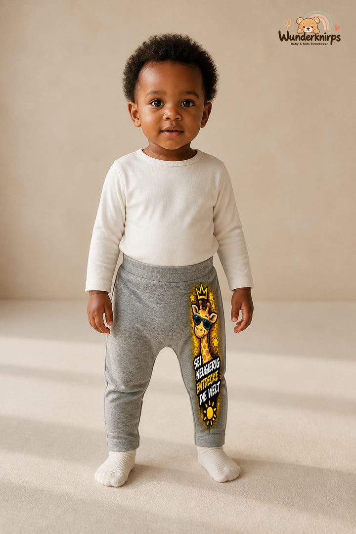 Giraffe Lieblingslook – Sei neugierig entdecke die welt – Babyhose für Mädchen: Grau meliert mit Giraffe-Druck am Hosenbein – Wunderknirps.