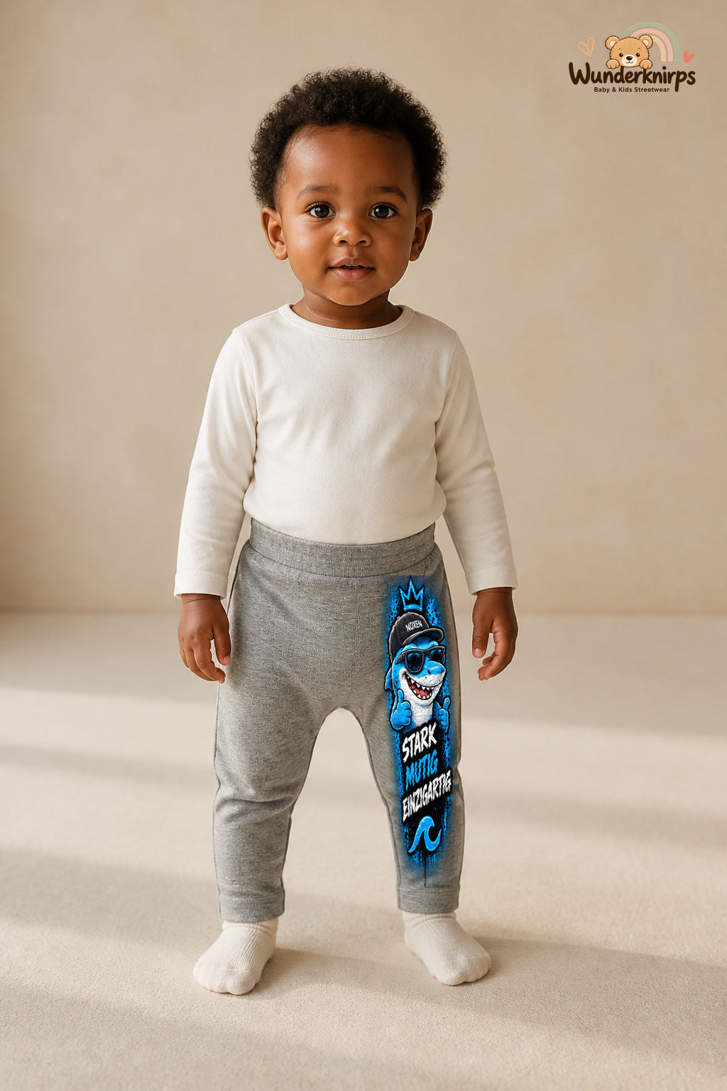 Hai Traumlook – Stark mutig einzigartig – Babyhose für Mädchen: Grau meliert mit Hai-Druck am Hosenbein – Wunderknirps.