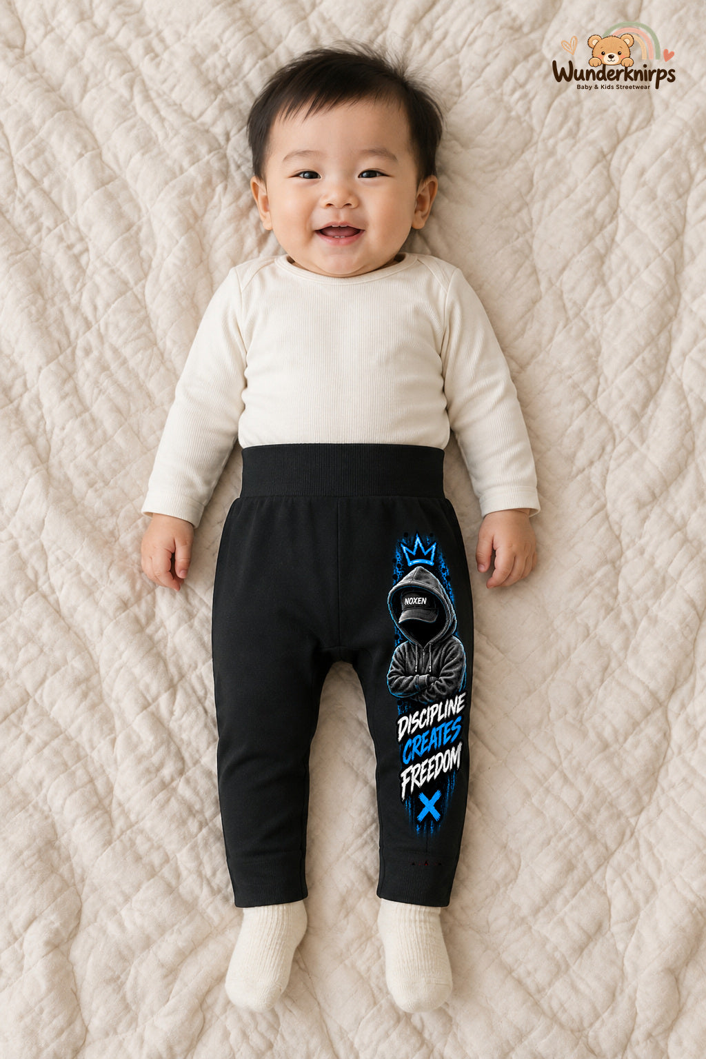 Hoodie-Figur Streetstyle – Discipline creates freedom – Babyhose für Jungen: Schwarz mit Hoodie-Figur-Druck am Hosenbein – Wunderknirps.