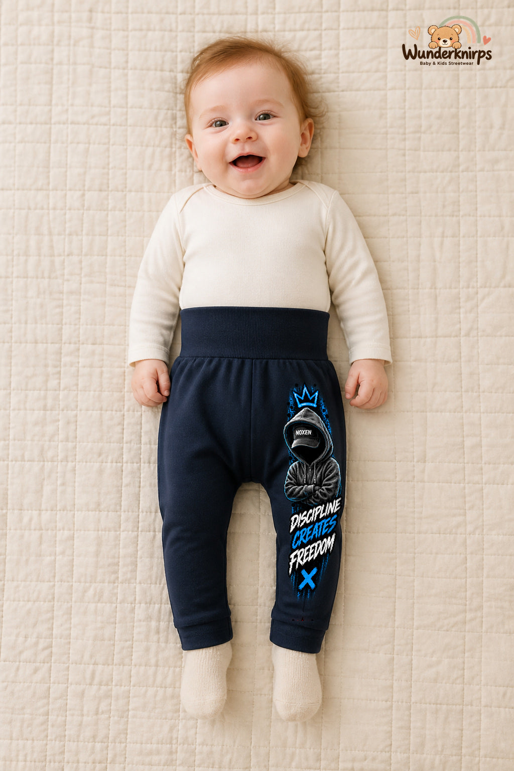 Kleine Weltentdeckerin: Discipline creates freedom – Babyhose für Mädchen: Navy mit Hoodie-Figur-Druck am Hosenbein – Wunderknirps.