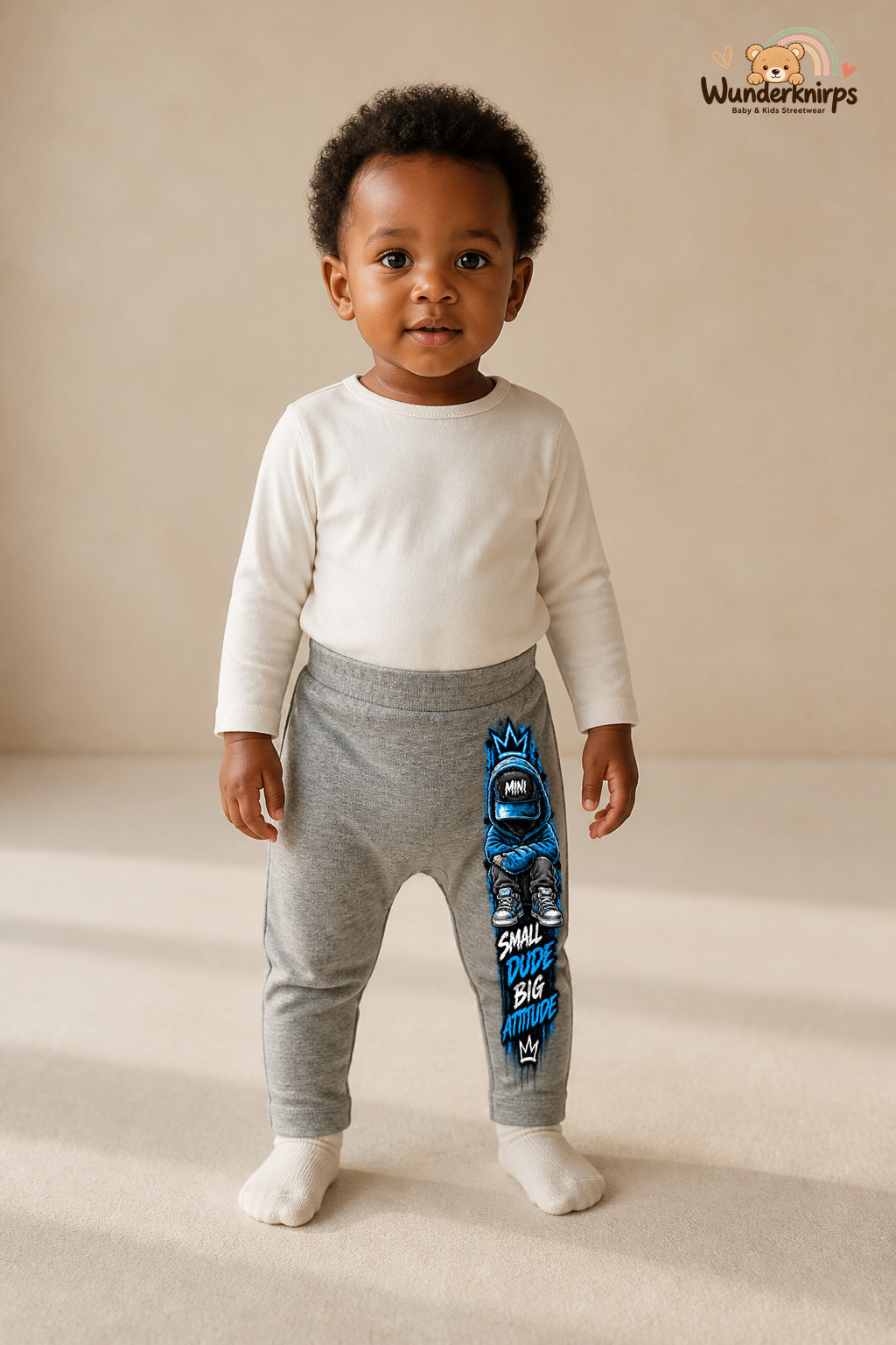 Kleine Weltentdeckerin: Small dude big attitude – Babyhose für Mädchen: Grau meliert mit Hoodie-Figur-Druck am Hosenbein – Wunderknirps.