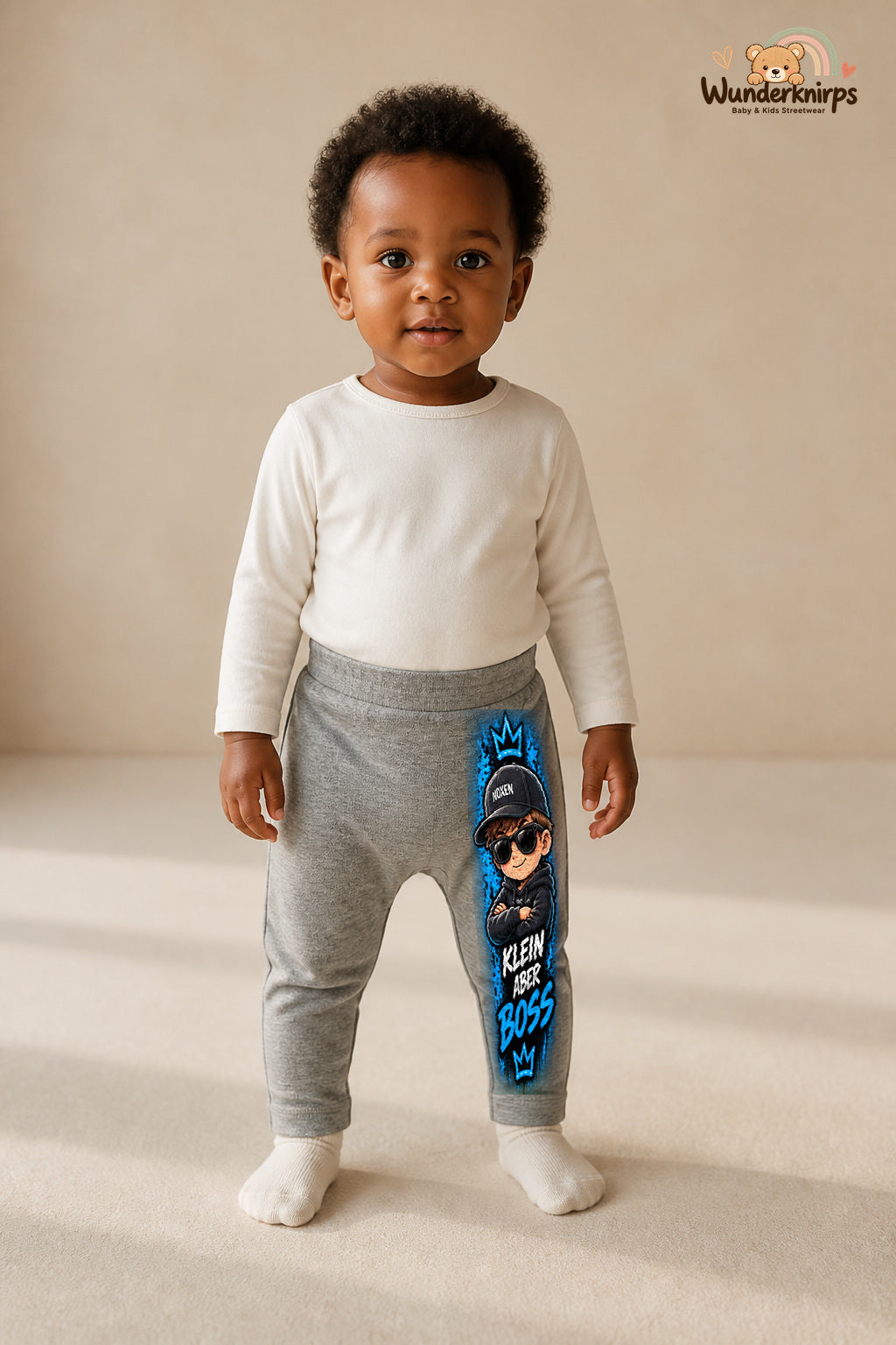 Mini-Boss Traumlook – Klein aber boss – Babyhose für Mädchen · Motiv 119: Grau meliert mit Mini-Boss-Druck am Hosenbein – Wunderknirps.
