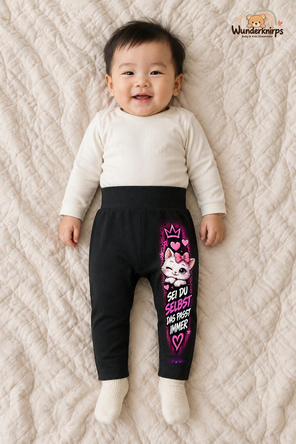 Katze Alltagsheld – Sei du selbst das passt immer – Babyhose für Jungen: Schwarz mit Katze-Druck am Hosenbein – Wunderknirps.