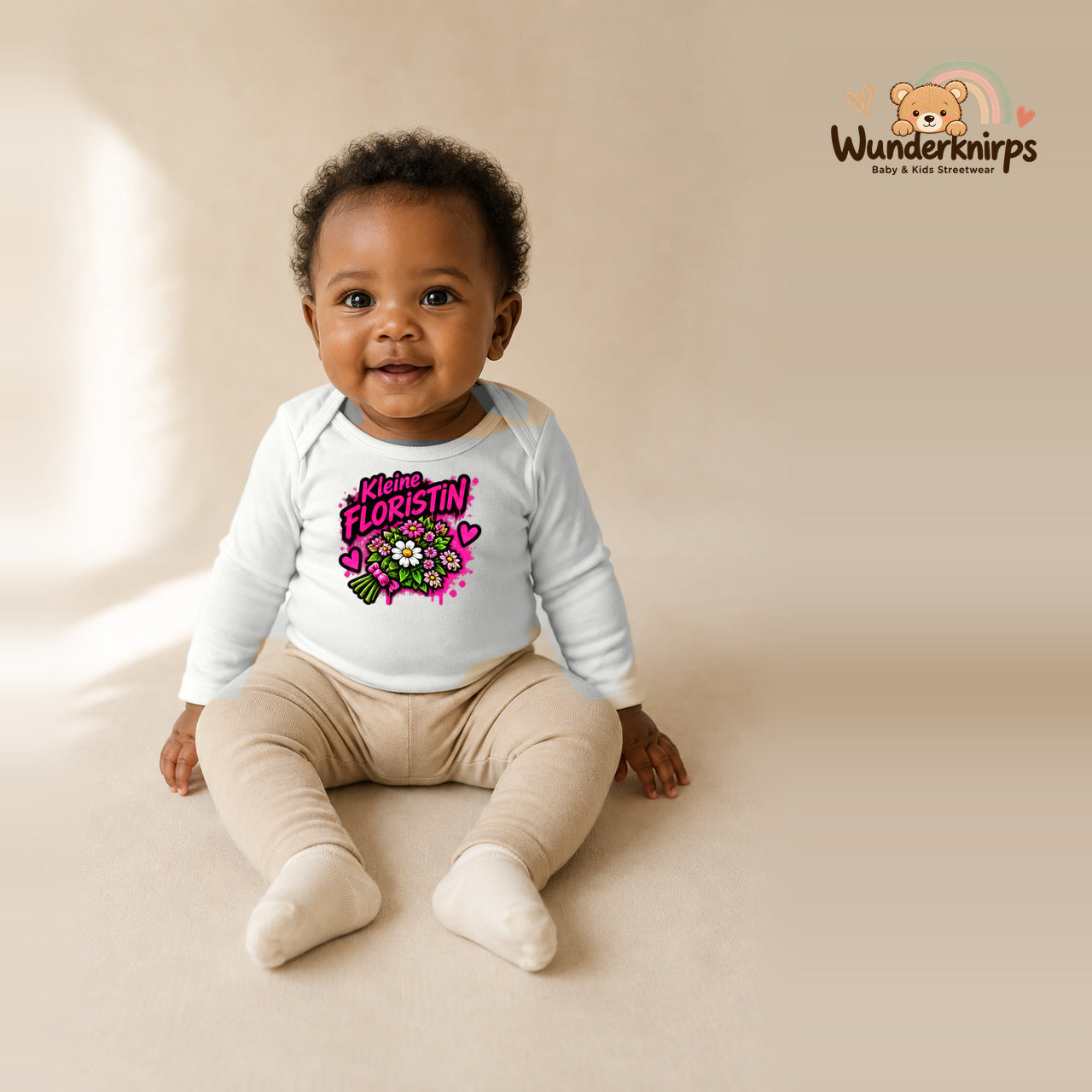 Babybody für Mädchen in Weiß mit Motiv „Kleine Floristin“, getragen von einem Kind – Wunderknirps.
