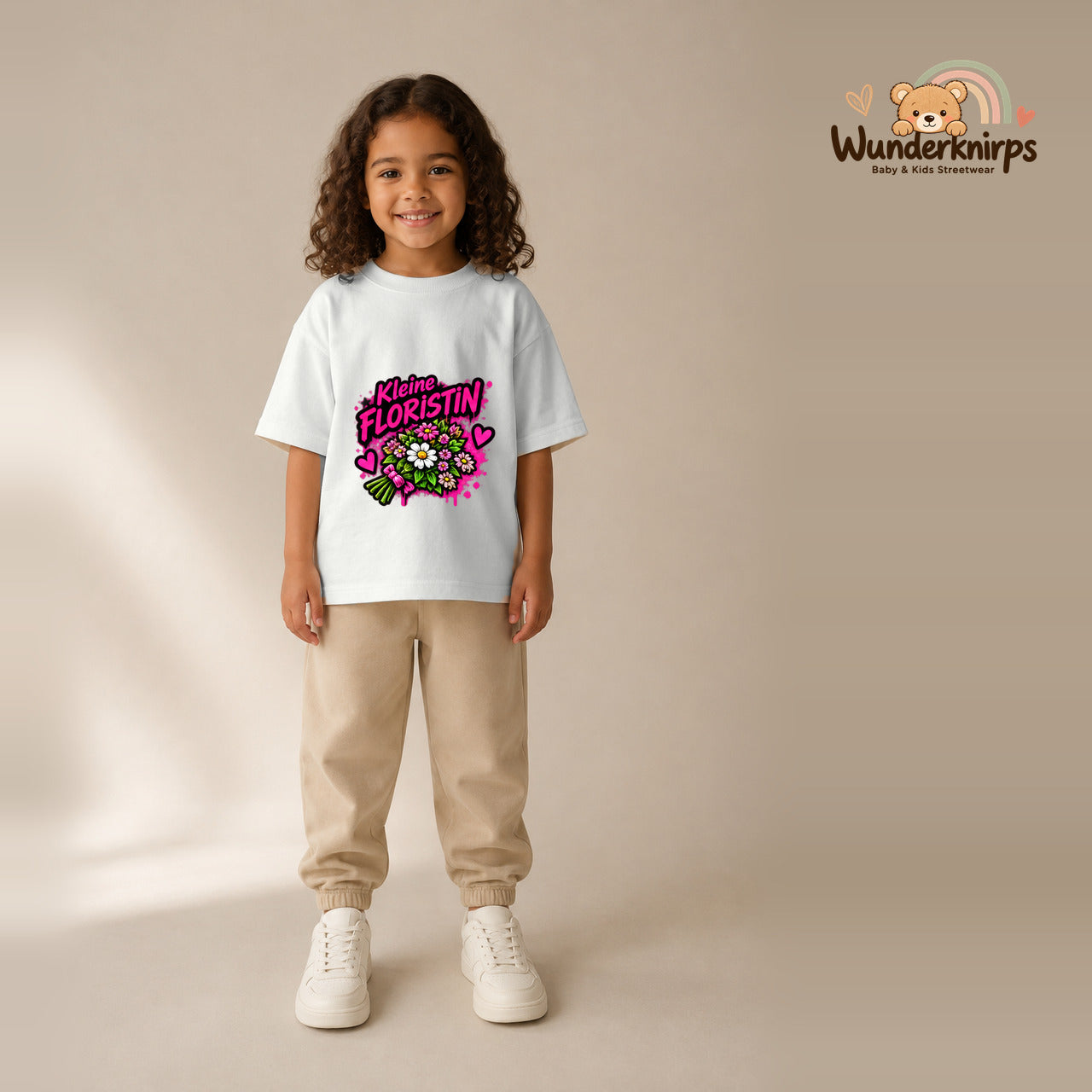 T-Shirt für Mädchen in Weiß mit Motiv „Kleine Floristin“, getragen von einem Kind – Wunderknirps.
