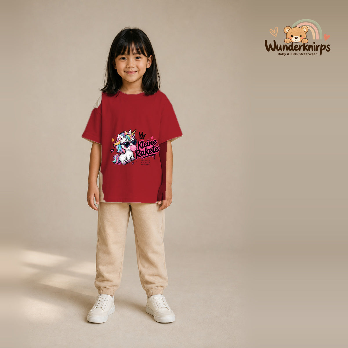 T-Shirt für Mädchen in Rot mit Motiv „Kleine Rakete“, getragen von einem Kind – Wunderknirps.