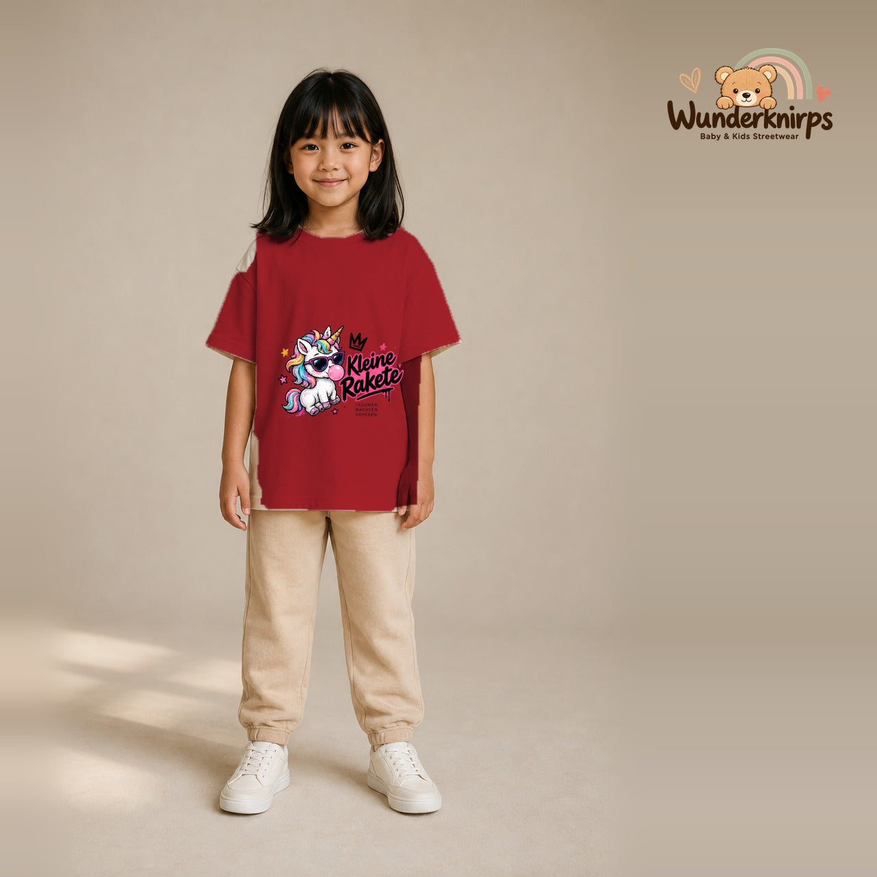 T-Shirt für Mädchen in Rot mit Motiv „Kleine Rakete“, getragen von einem Kind – Wunderknirps.