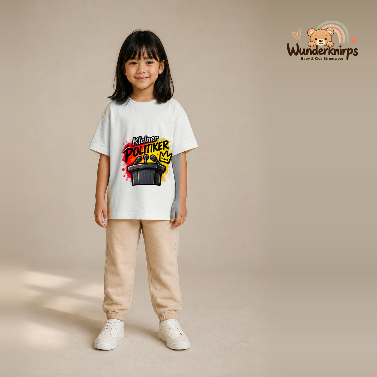 T-Shirt für Mädchen in Weiß mit Motiv „Kleiner Politiker“, getragen von einem Kind – Wunderknirps.