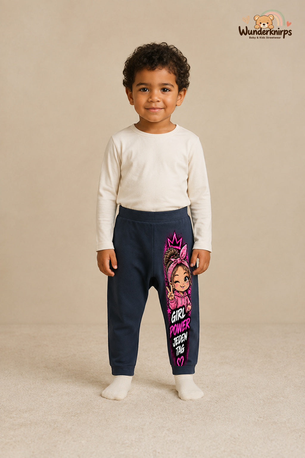 Girl power jeden tag: Girl-Motiv für kleine Entdecker – Babyhose für Jungen: Navy mit Girl-Motiv-Druck am Hosenbein – Wunderknirps.