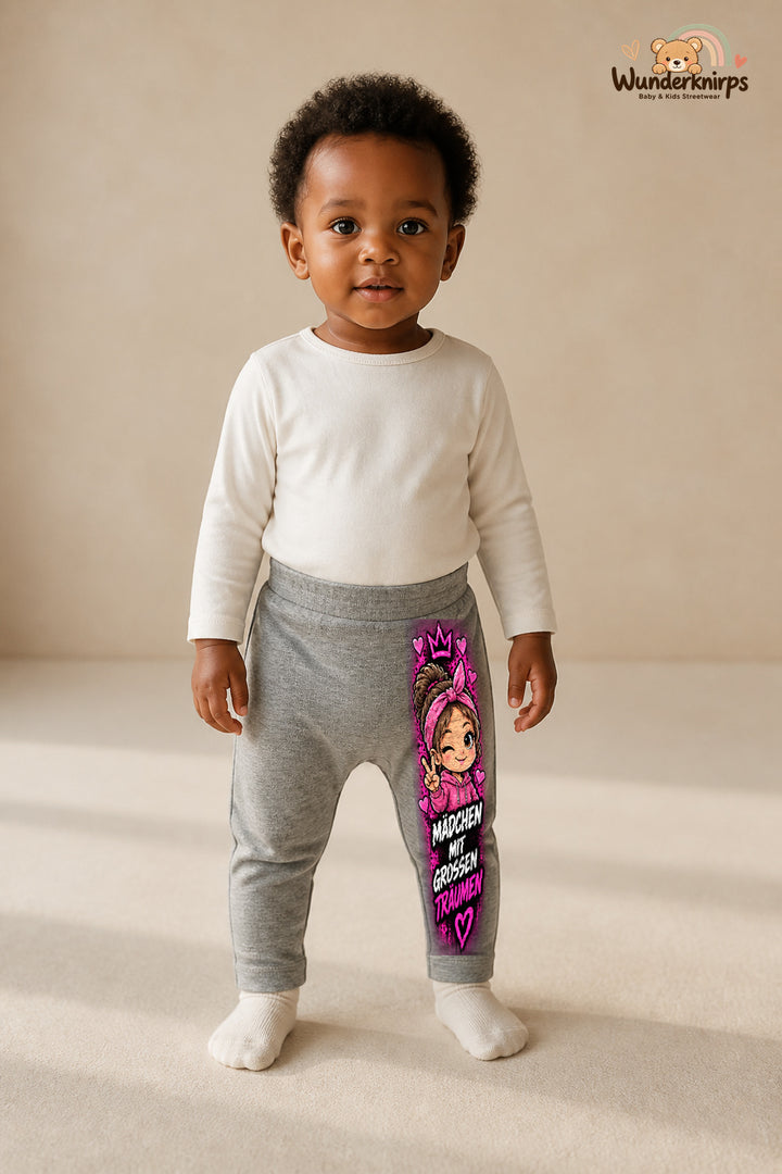 Girl-Motiv Lieblingslook – Mit großen traeumen – Babyhose für Mädchen · Motiv 120: Grau meliert mit Girl-Motiv-Druck am Hosenbein – Wunderknirps.