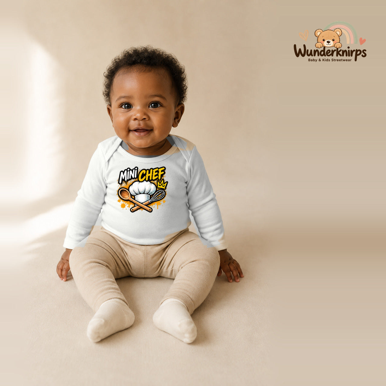 Babybody für Mädchen in Weiß mit Motiv „Mini Chef“, getragen von einem Kind – Wunderknirps.