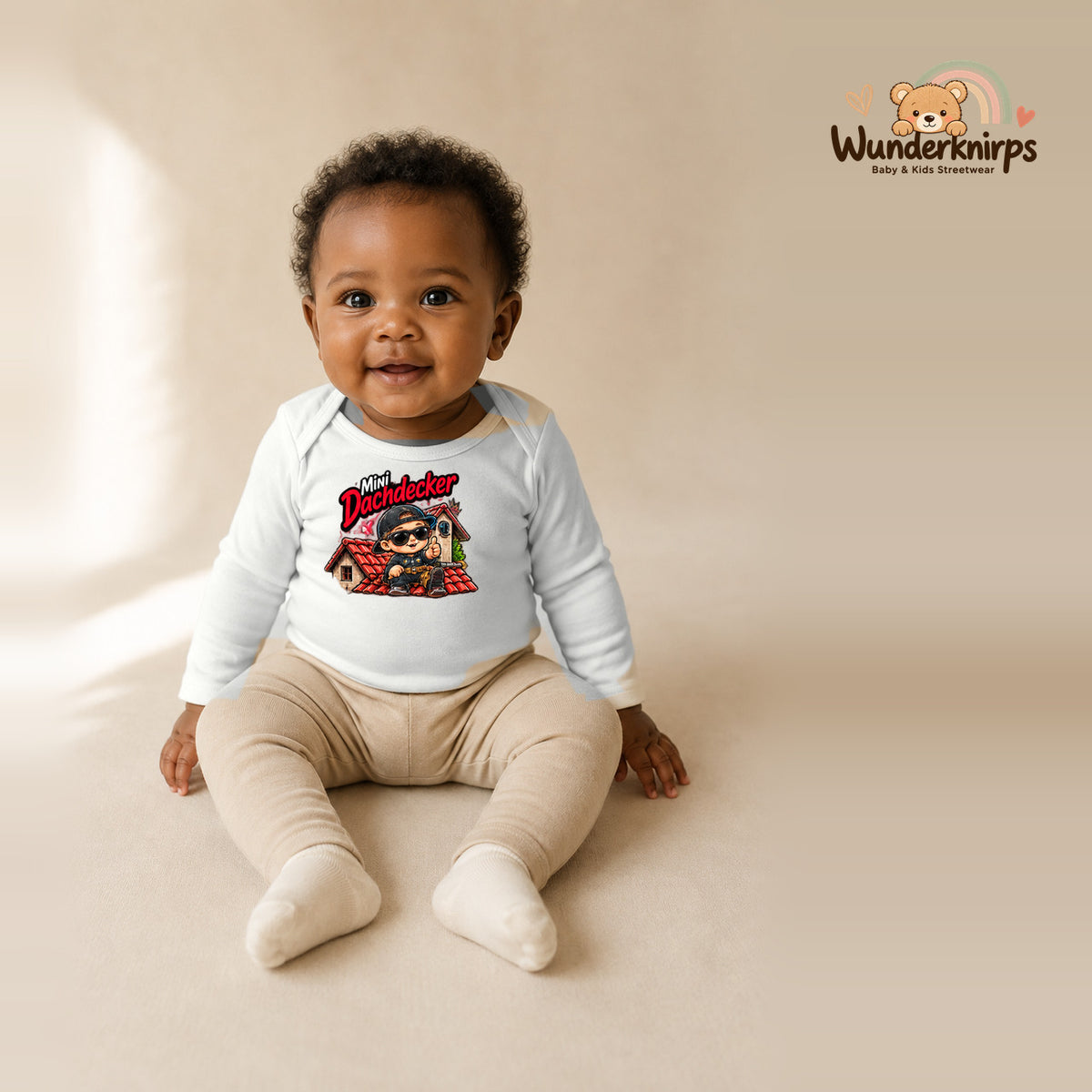 Babybody für Mädchen in Weiß mit Motiv „Mini Dachdecker“, getragen von einem Kind – Wunderknirps.