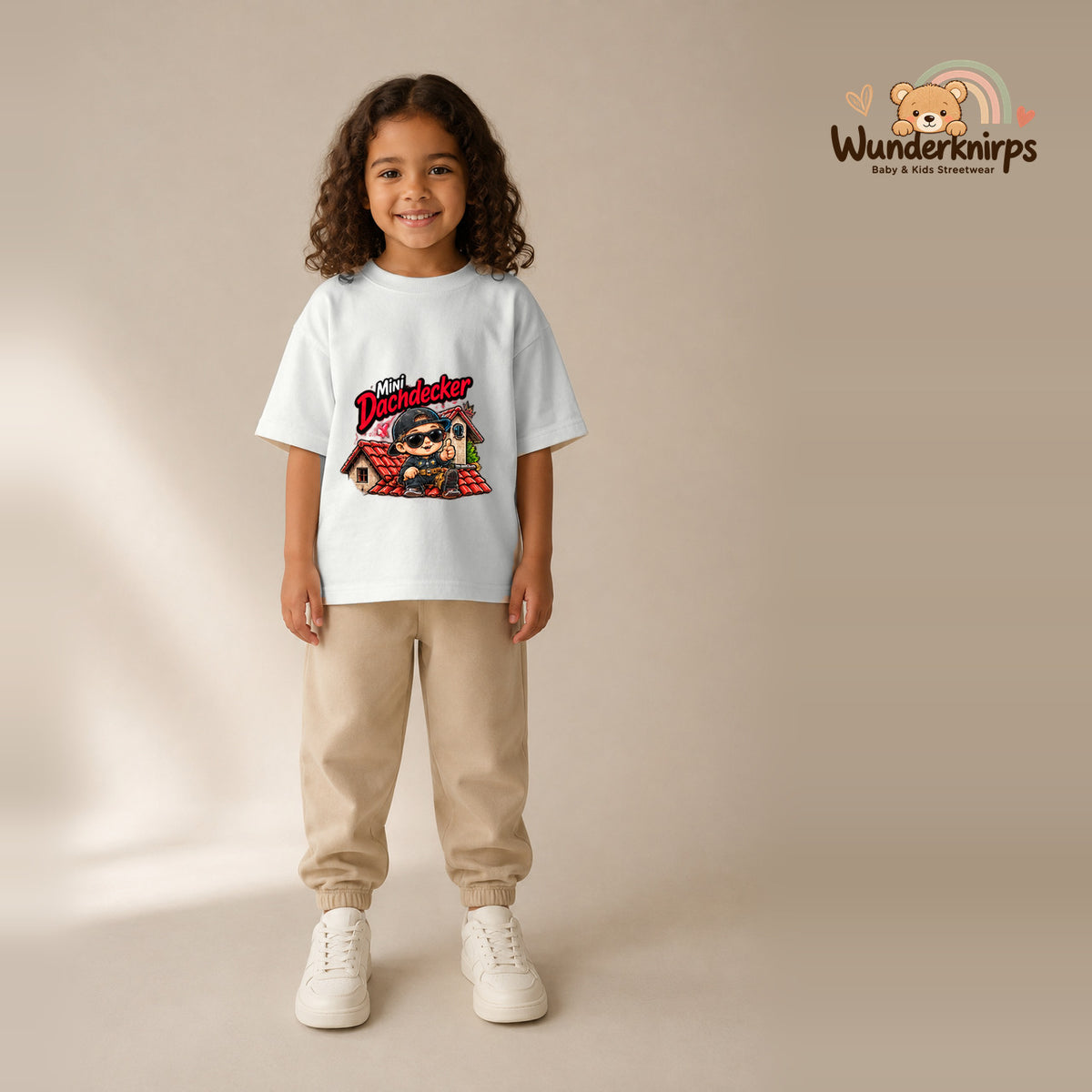 T-Shirt für Mädchen in Weiß mit Motiv „Mini Dachdecker“, getragen von einem Kind – Wunderknirps.