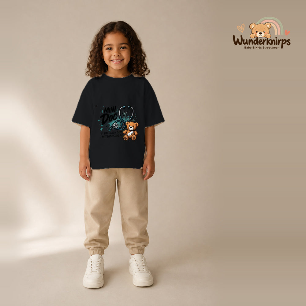 T-Shirt für Mädchen in Schwarz mit Motiv „Mini Doc“, getragen von einem Kind – Wunderknirps.