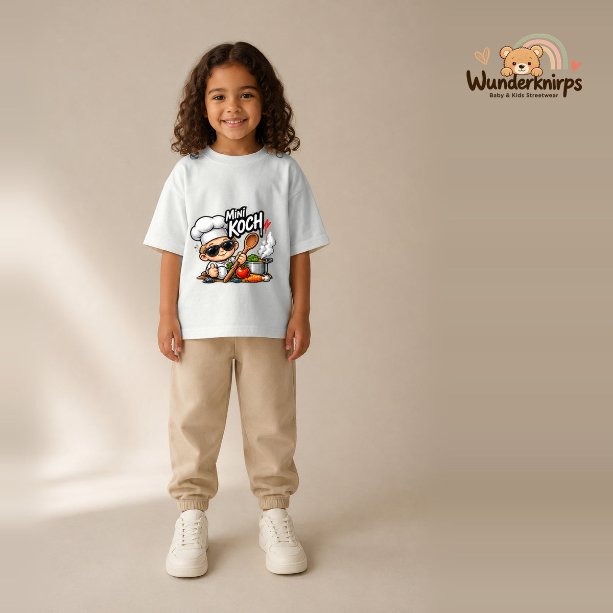 T-Shirt für Mädchen in Weiß mit Motiv „Mini Koch“, getragen von einem Kind – Wunderknirps.