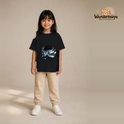 T-Shirt für Mädchen in Schwarz mit Motiv „Mini Pilot“, getragen von einem Kind – Wunderknirps.