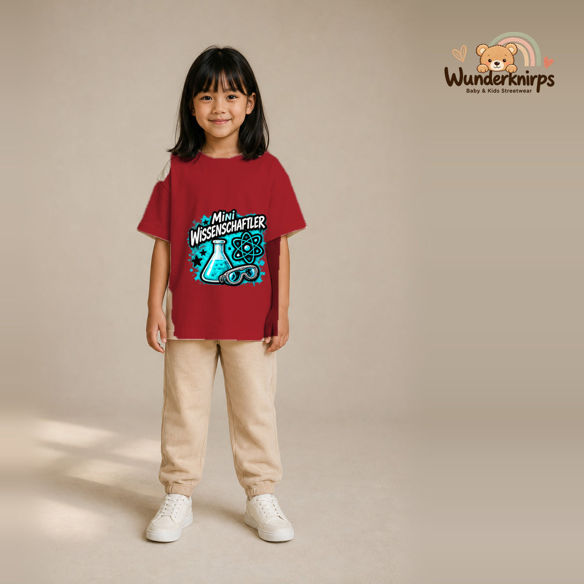 T-Shirt für Mädchen in Rot mit Motiv „Mini Wissenschaftler“, getragen von einem Kind – Wunderknirps.