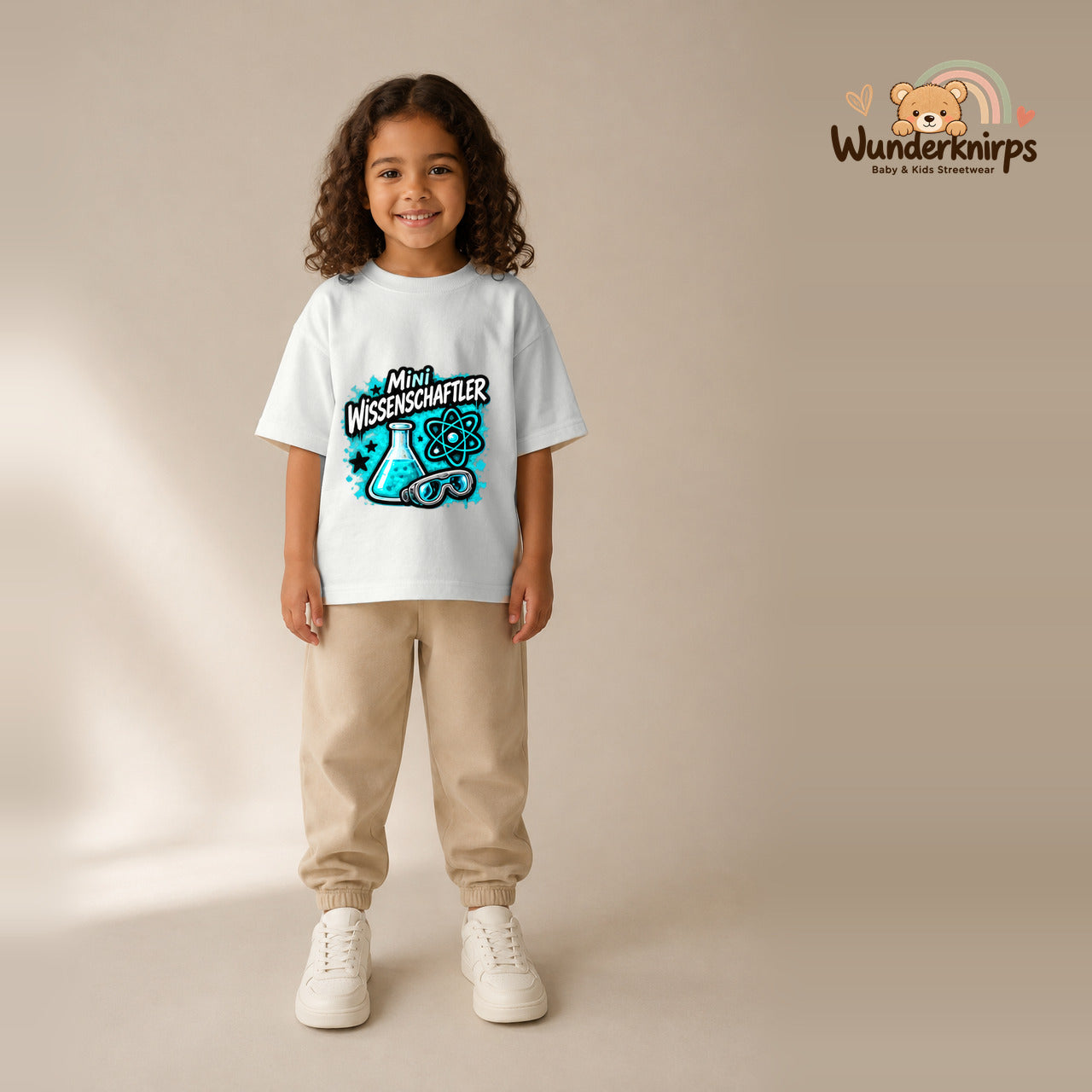 T-Shirt für Mädchen in Weiß mit Motiv „Mini Wissenschaftler“, getragen von einem Kind – Wunderknirps.