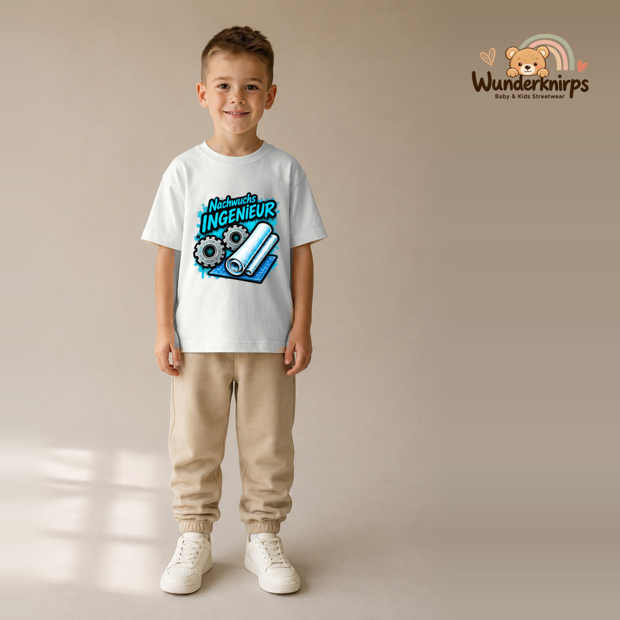 T-Shirt für Jungen in Weiß mit Motiv „Nachwuchs Ingenieur“, getragen von einem Kind – Wunderknirps.