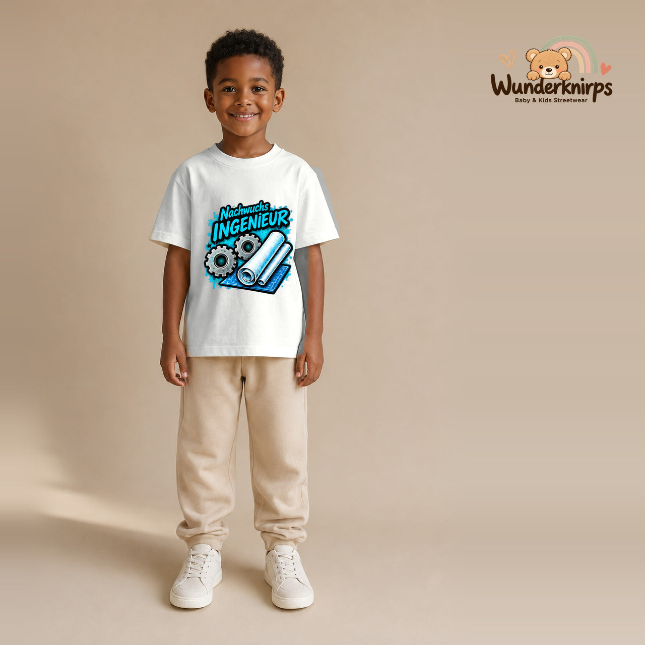 T-Shirt für Jungen in Weiß mit Motiv „Nachwuchs Ingenieur“, getragen von einem Kind – Wunderknirps.