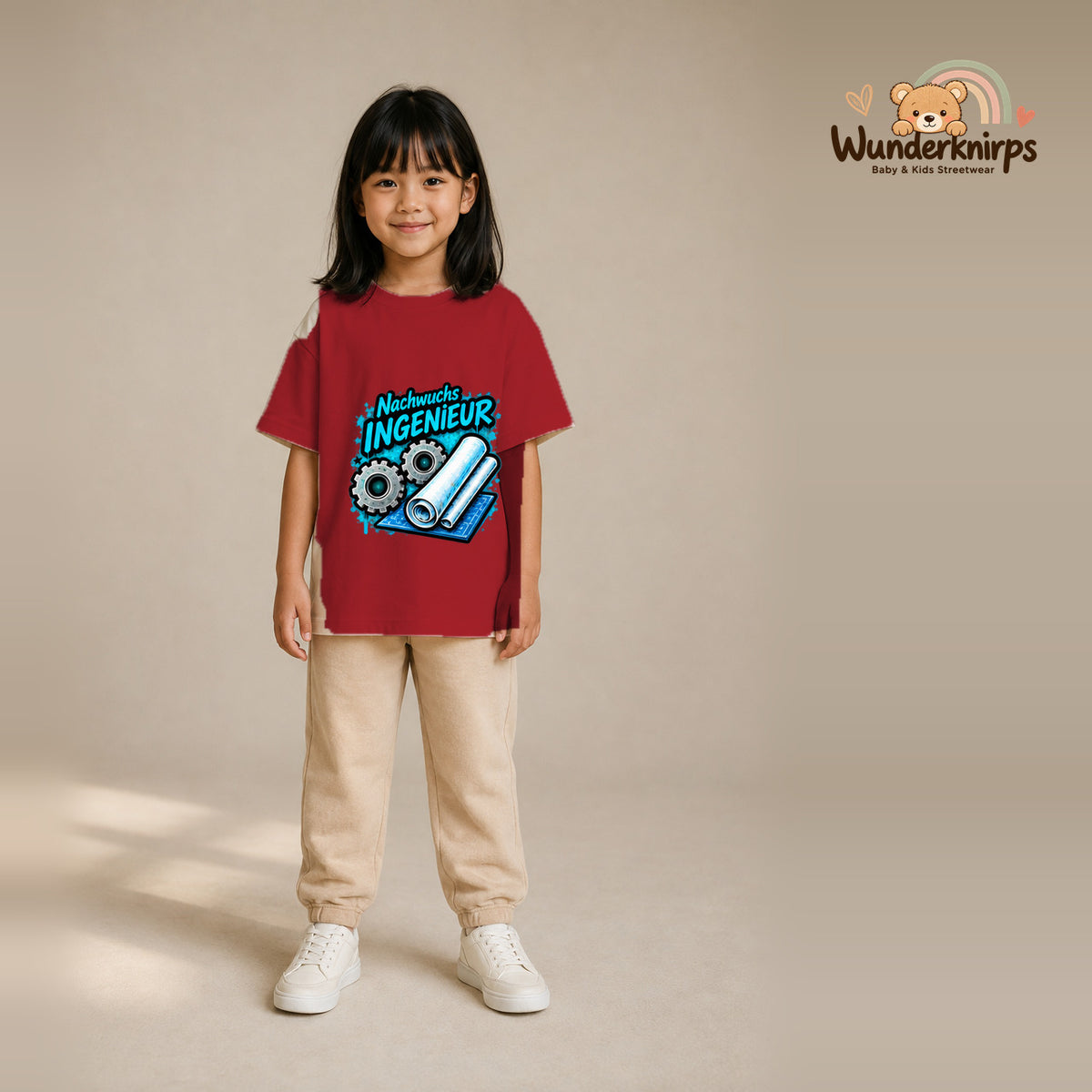 T-Shirt für Mädchen in Rot mit Motiv „Nachwuchs Ingenieur“, getragen von einem Kind – Wunderknirps.