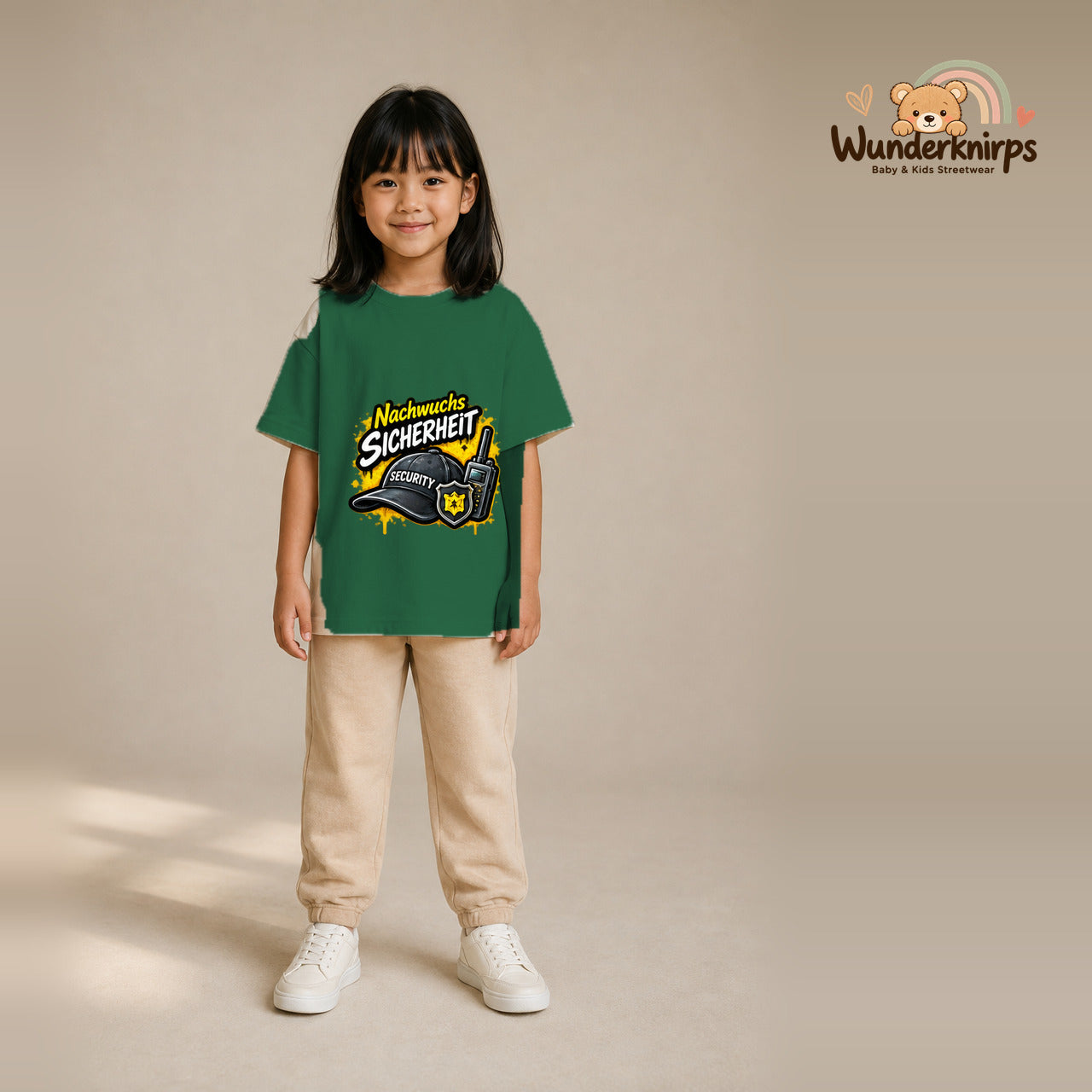 T-Shirt für Mädchen in Grün mit Motiv „Nachwuchs Sicherheit“, getragen von einem Kind – Wunderknirps.