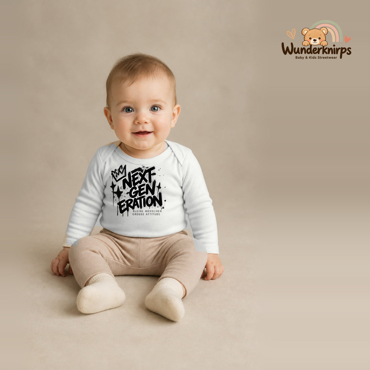 Babybody für Jungen in Weiß mit Motiv „Next Generation“, getragen von einem Kind – Wunderknirps.