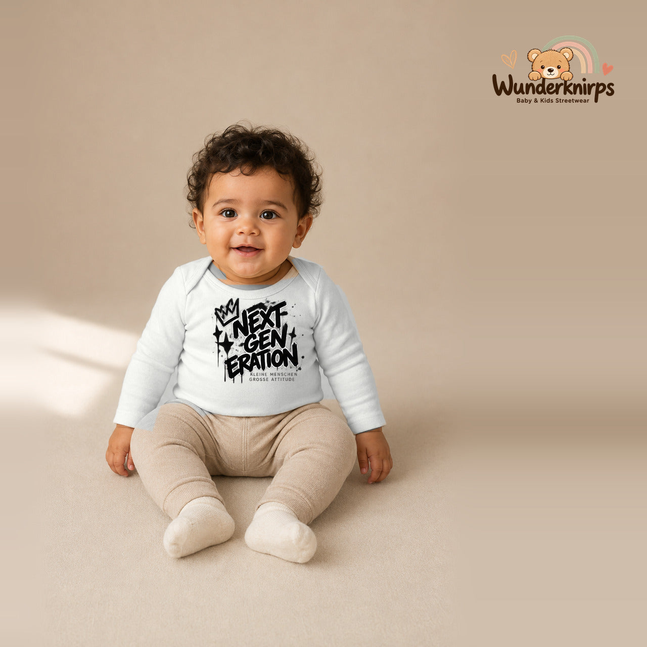 Babybody für Jungen in Weiß mit Motiv „Next Generation“, getragen von einem Kind – Wunderknirps.