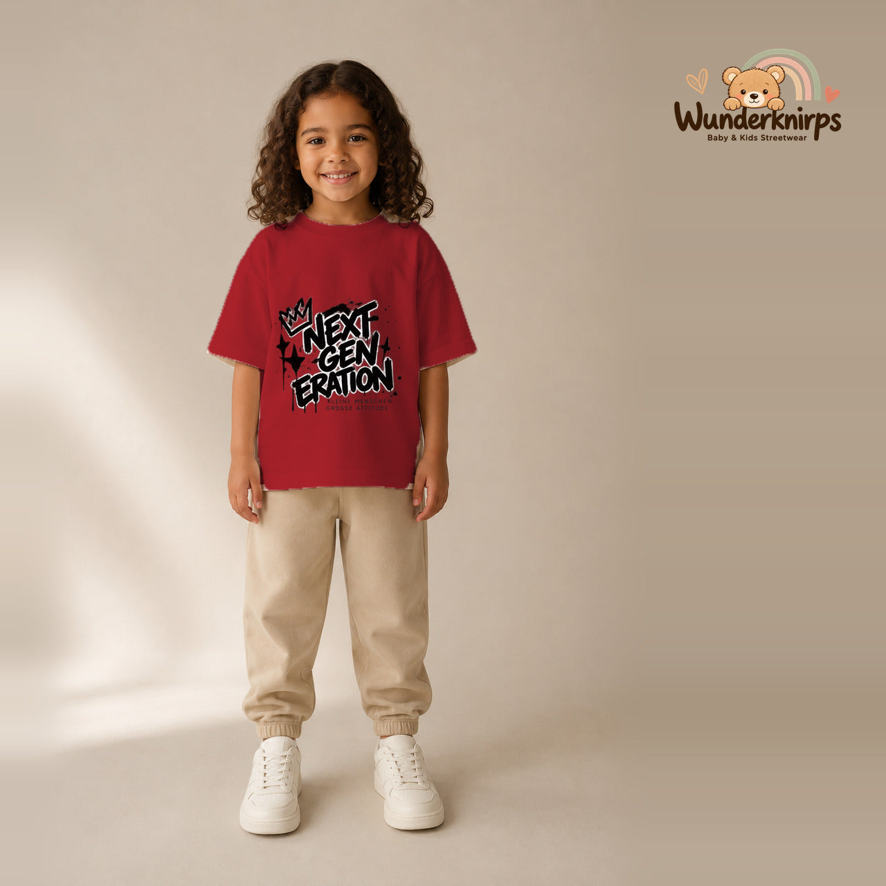 T-Shirt für Mädchen in Rot mit Motiv „Next Generation“, getragen von einem Kind – Wunderknirps.