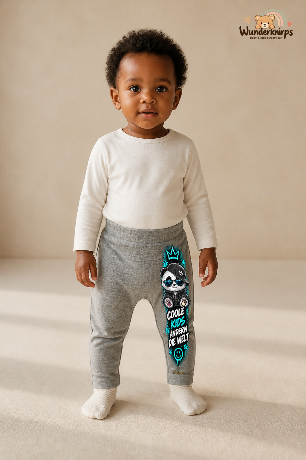 Kleine Weltentdeckerin: Coole kids ändern die welt – Babyhose für Mädchen: Grau meliert mit Panda-Druck am Hosenbein – Wunderknirps.