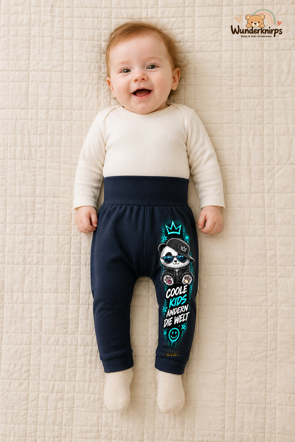 Kleine Weltentdeckerin: Coole kids ändern die welt – Babyhose für Mädchen: Navy mit Panda-Druck am Hosenbein – Wunderknirps.