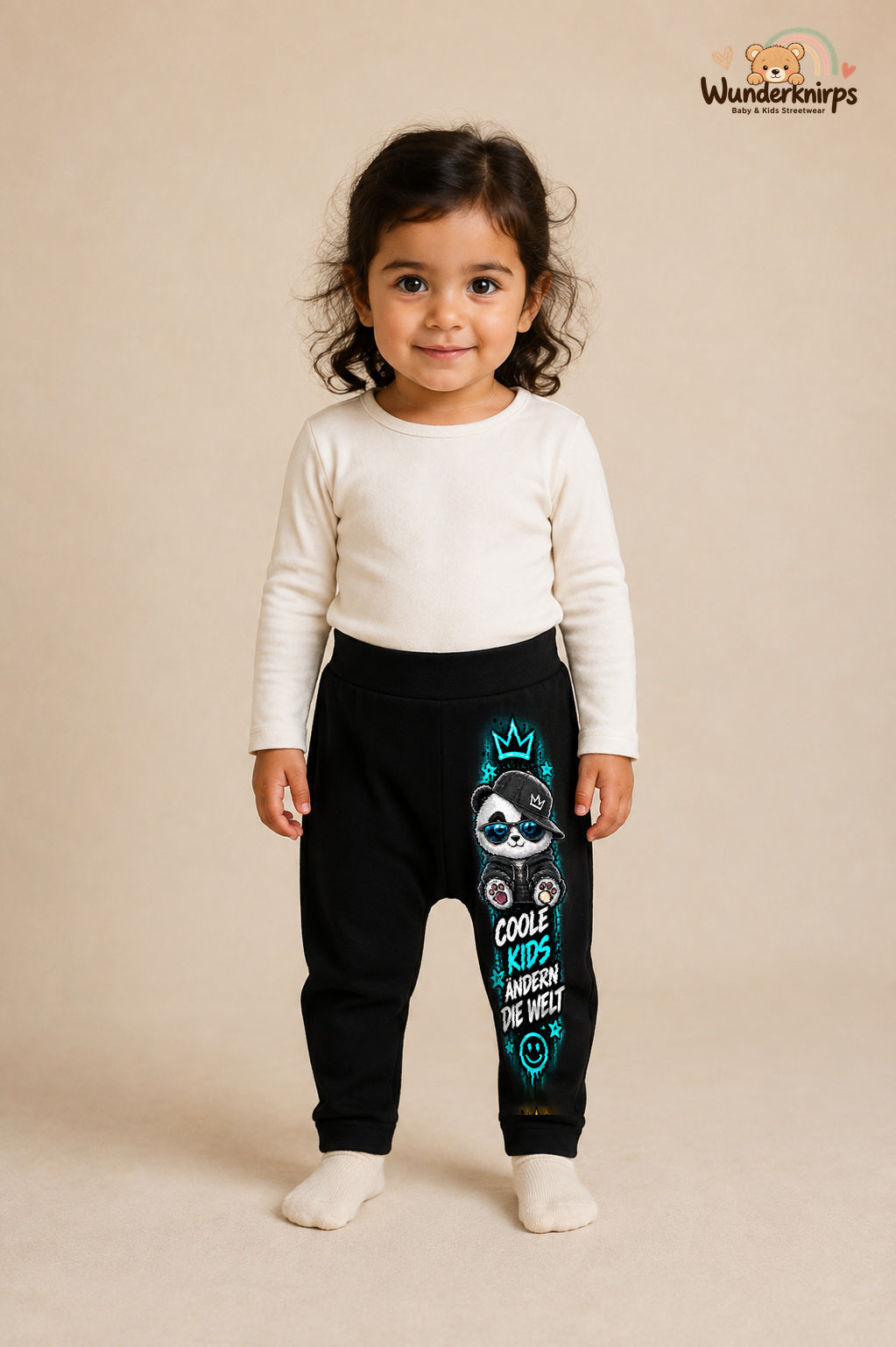 Kleine Weltentdeckerin: Coole kids ändern die welt – Babyhose für Mädchen: Schwarz mit Panda-Druck am Hosenbein – Wunderknirps.