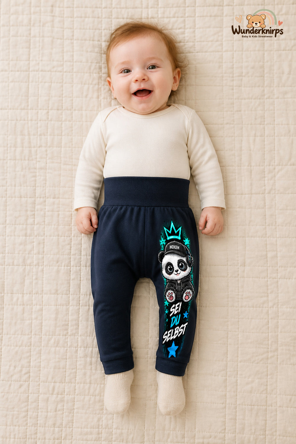 Panda Traumlook – Sei du selbst – Babyhose für Mädchen: Navy mit Panda-Druck am Hosenbein – Wunderknirps.
