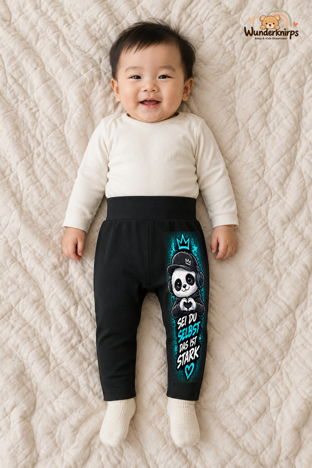 Sei du selbst das ist stark: Panda für kleine Entdecker – Babyhose für Jungen: Schwarz mit Panda-Druck am Hosenbein – Wunderknirps.