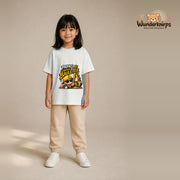 T-Shirt für Mädchen in Weiß mit Motiv „Papas kleiner Bauleiter“, getragen von einem Kind – Wunderknirps.
