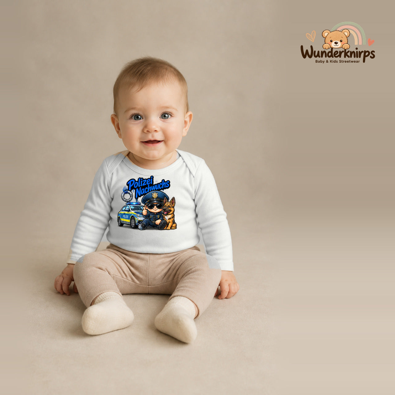 Babybody für Jungen in Weiß mit Motiv „Polizei Nachwuchs“, getragen von einem Kind – Wunderknirps.