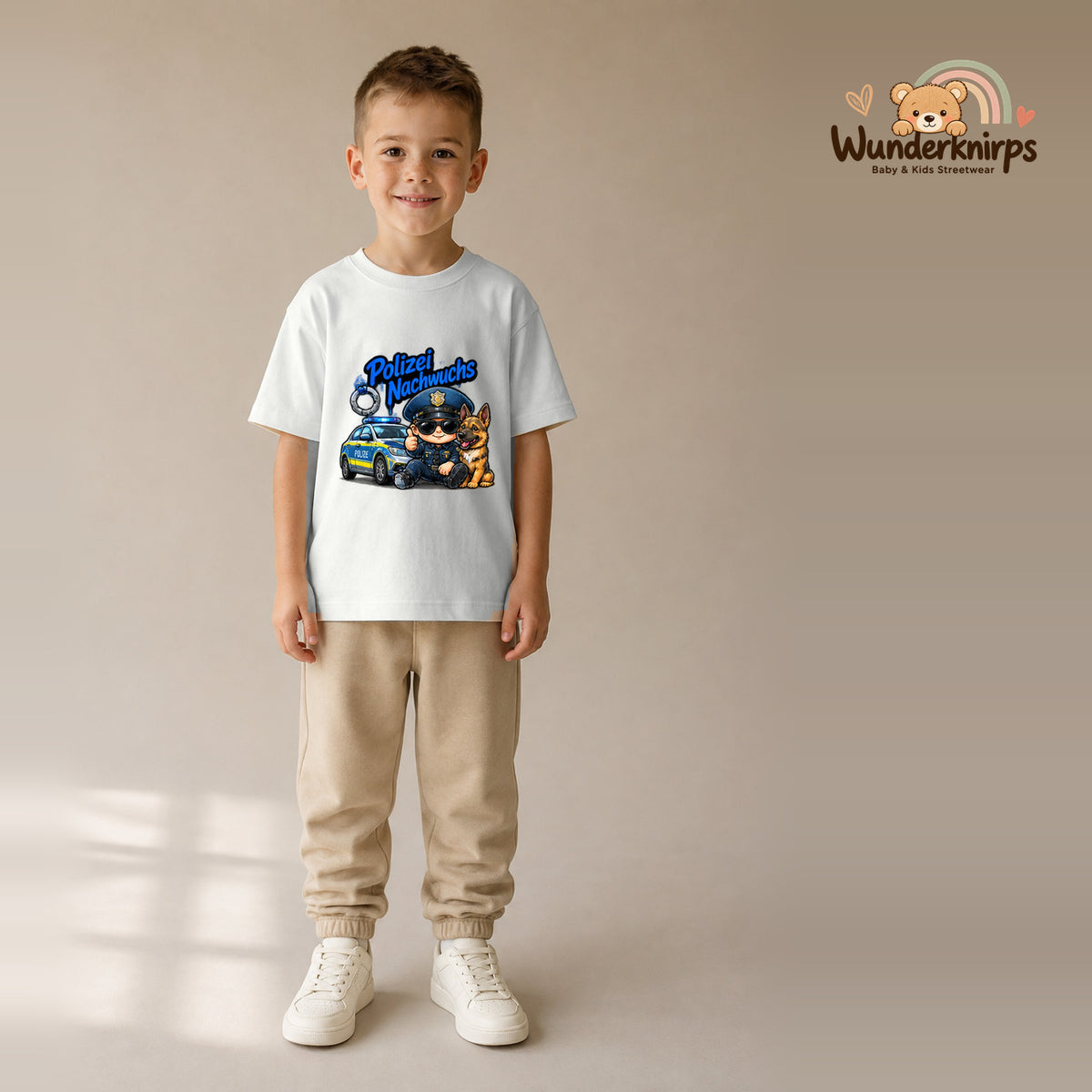 T-Shirt für Jungen in Weiß mit Motiv „Polizei Nachwuchs“, getragen von einem Kind – Wunderknirps.