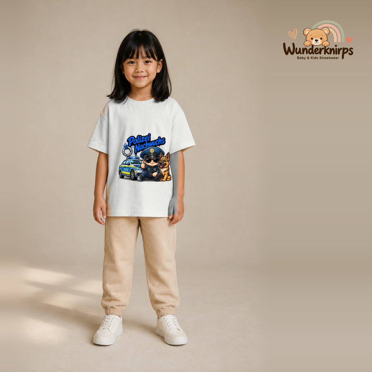 T-Shirt für Mädchen in Weiß mit Motiv „Polizei Nachwuchs“, getragen von einem Kind – Wunderknirps.