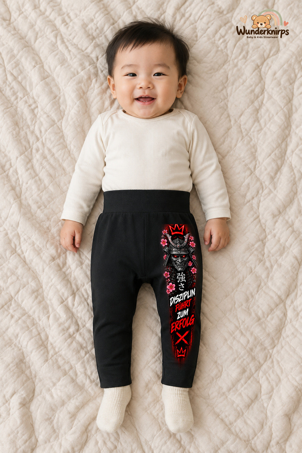 Disziplin führt zum erfolg – Babyhose mit dem Motiv Samurai – für Jungen: Schwarz mit Samurai-Druck am Hosenbein – Wunderknirps.