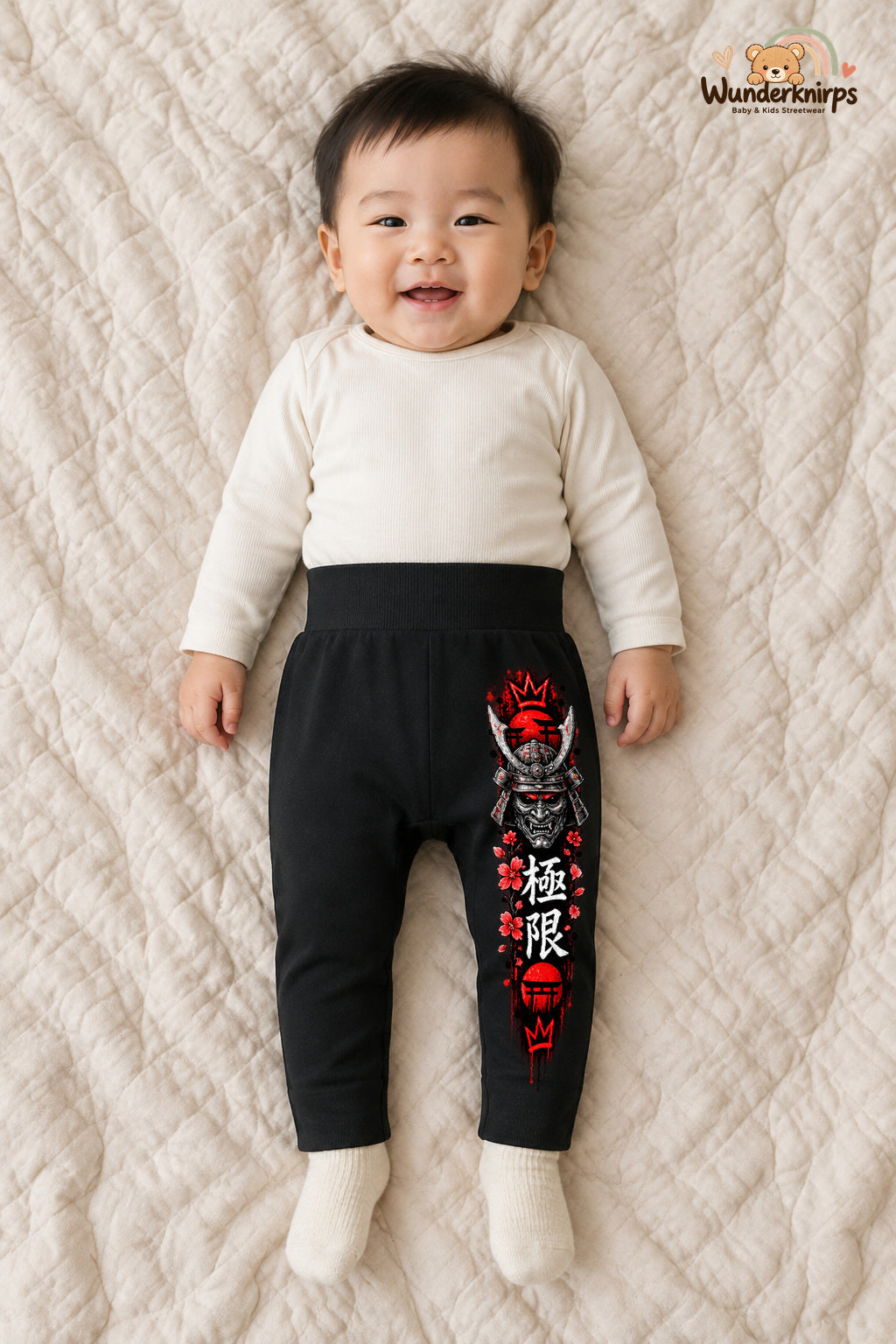 Kirschblueten – Babyhose mit dem Motiv Samurai – für Jungen: Schwarz mit Samurai-Druck am Hosenbein – Wunderknirps.