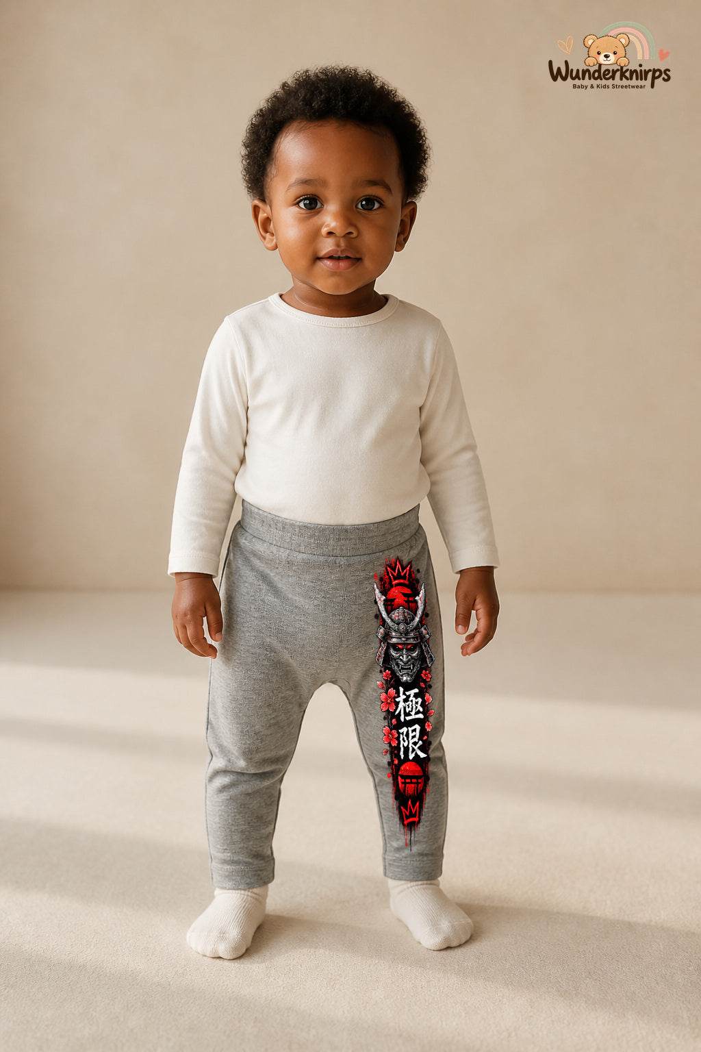 Samurai Lieblingslook – Kirschblueten – Babyhose für Mädchen: Grau meliert mit Samurai-Druck am Hosenbein – Wunderknirps.