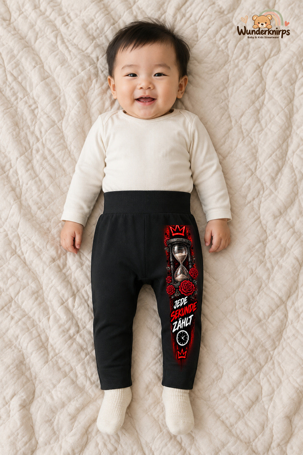 Jede sekunde zählt: Sanduhr für kleine Entdecker – Babyhose für Jungen: Schwarz mit Sanduhr-Druck am Hosenbein – Wunderknirps.