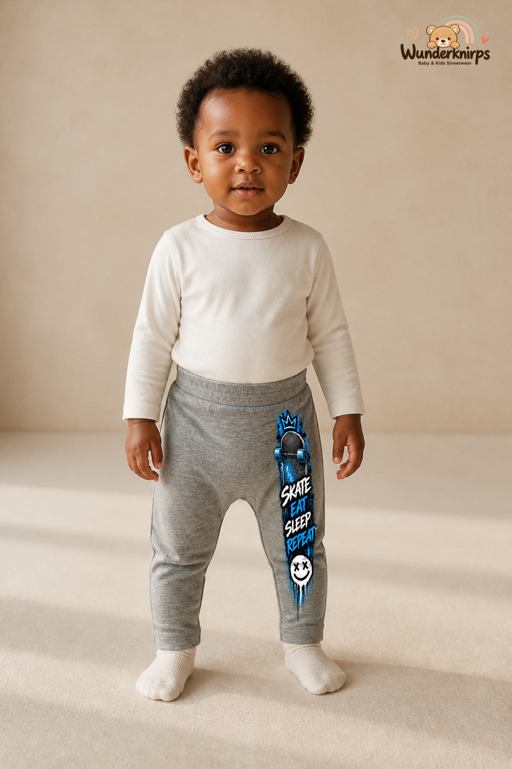 Skateboard Traumlook – Skate eat sleep repeat – Babyhose für Mädchen: Grau meliert mit Skateboard-Druck am Hosenbein – Wunderknirps.