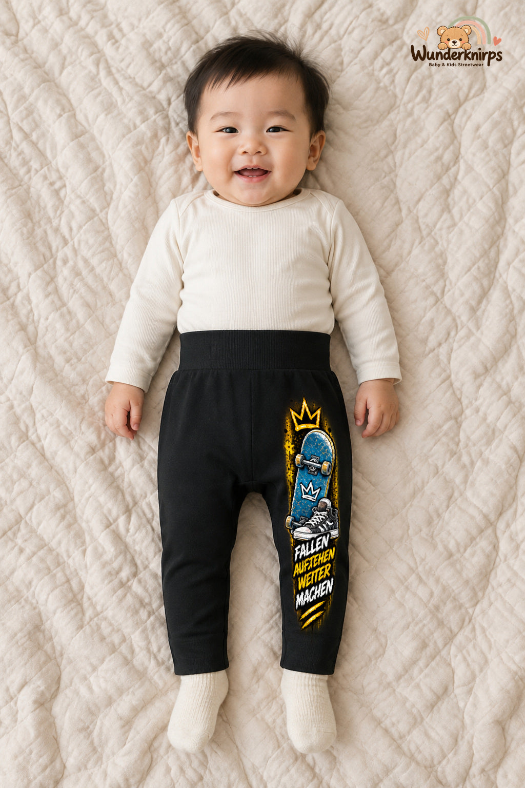 Skateboard Alltagsheld – Fallen aufstehen weitermachen – Babyhose für Jungen: Schwarz mit Skateboard-Druck am Hosenbein – Wunderknirps.