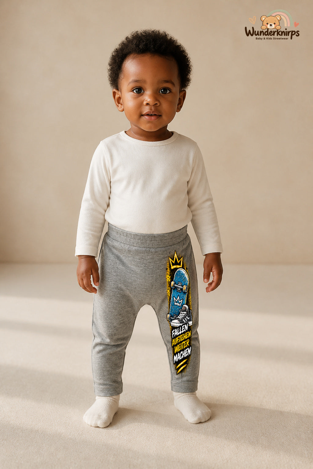 Skateboard Traumlook – Fallen aufstehen weitermachen – Babyhose für Mädchen: Grau meliert mit Skateboard-Druck am Hosenbein – Wunderknirps.