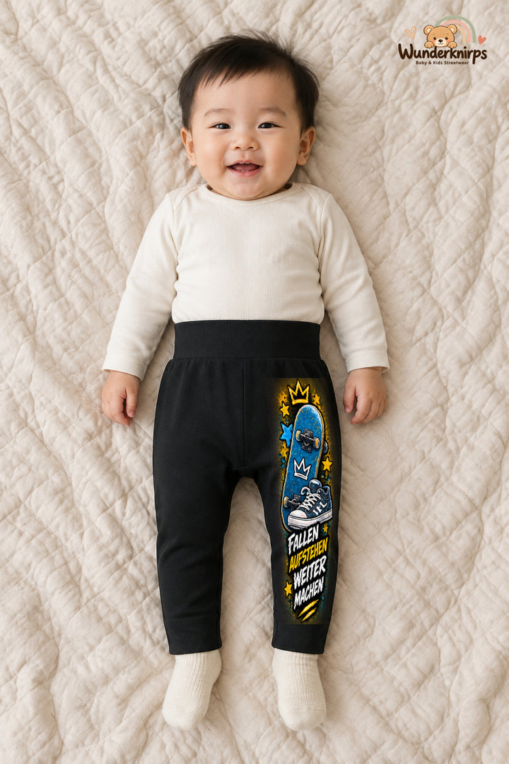 Fallen aufstehen weitermachen – Babyhose mit dem Motiv Skateboard – für Jungen: Schwarz mit Skateboard-Druck am Hosenbein – Wunderknirps.