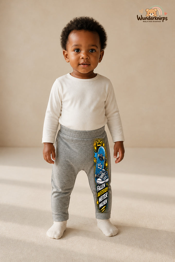 Skateboard Lieblingslook – Fallen aufstehen weitermachen – Babyhose für Mädchen: Grau meliert mit Skateboard-Druck am Hosenbein – Wunderknirps.